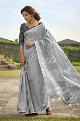 Grey linen saree with unstitched linen blouse piece