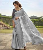 Grey linen saree with unstitched linen blouse piece