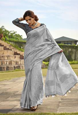 Grey linen blend saree with unstitched linen blouse piece 2