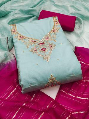 Blue coco silks top, hevy cotton bottom & jari sequins dupatta salwar suit dress material 1