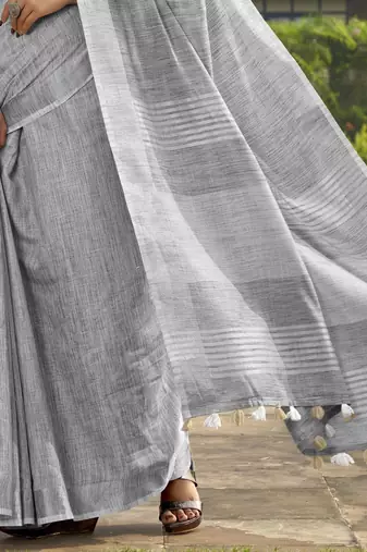 Grey linen blend saree with unstitched linen blouse piece