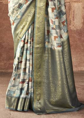 Mint silk blend saree with unstitched blouse piece 2