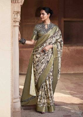 Grey silk blend saree with unstitched blouse piece 1