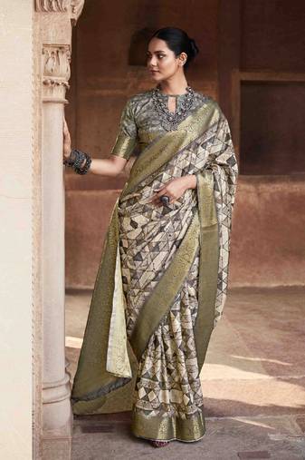 Grey silk blend saree with unstitched blouse piece