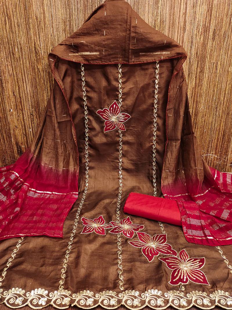 Brown coco silks top, hevy cotton bottom & jari sequins dupatta salwar suit dress material