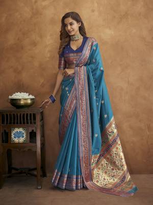 Teal silk blend saree with unstitched blouse piece 1