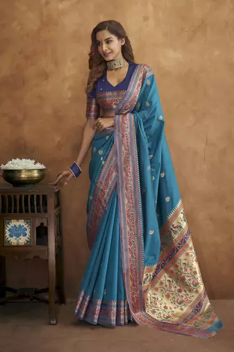 Teal silk blend saree with unstitched blouse piece