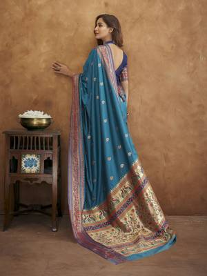 Teal silk blend saree with unstitched blouse piece 2