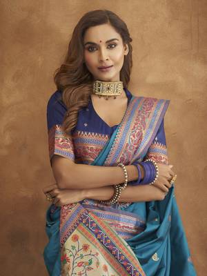 Teal silk blend saree with unstitched blouse piece 3
