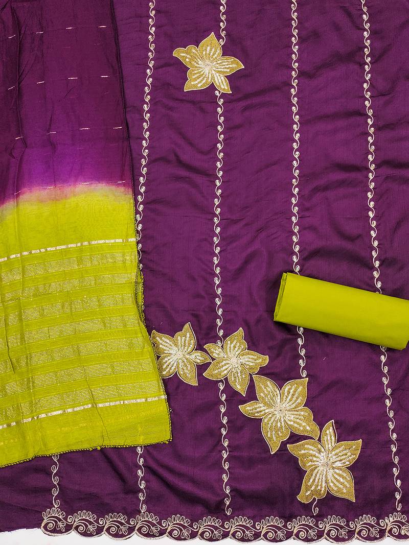 Purple coco silks top, hevy cotton bottom & jari sequins dupatta salwar suit dress material