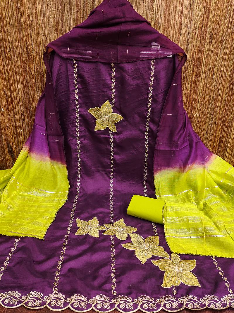 Purple coco silks top, hevy cotton bottom & jari sequins dupatta salwar suit dress material