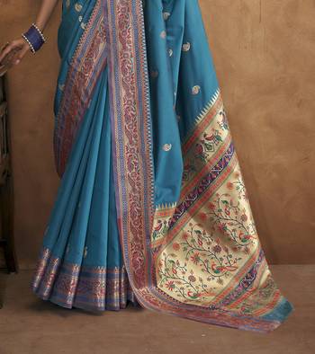 Teal silk blend saree with unstitched blouse piece 4