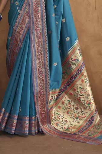 Teal silk blend saree with unstitched blouse piece