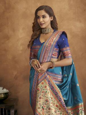 Teal silk blend saree with unstitched blouse piece 5