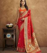 Red silk blend saree with unstitched blouse piece
