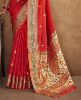 Red silk blend saree with unstitched blouse piece 4