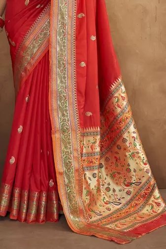 Red silk blend saree with unstitched blouse piece