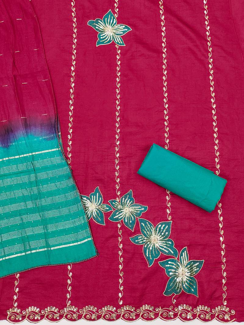 Red coco silks top, hevy cotton bottom & jari sequins dupatta salwar suit dress material