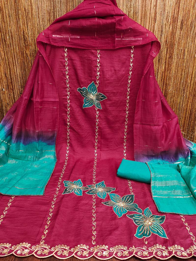 Red coco silks top, hevy cotton bottom & jari sequins dupatta salwar suit dress material