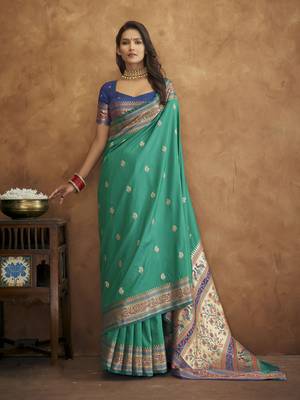 Rama silk blend saree with unstitched blouse piece 1
