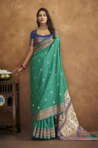 Rama silk blend saree with unstitched blouse piece
