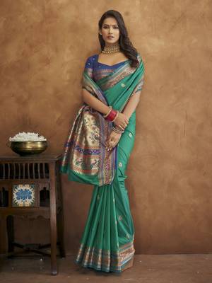 Rama silk blend saree with unstitched blouse piece 2
