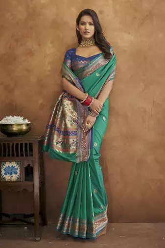 Rama silk blend saree with unstitched blouse piece