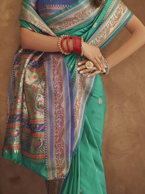 Rama silk blend saree with unstitched blouse piece 3