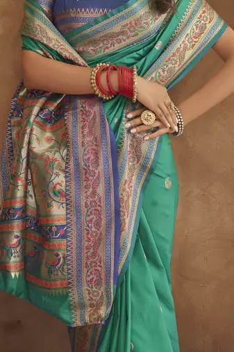 Rama silk blend saree with unstitched blouse piece