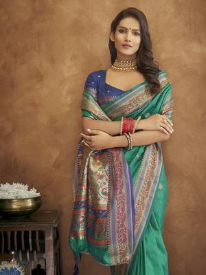 Rama silk blend saree with unstitched blouse piece 5