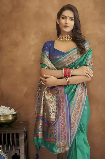 Rama silk blend saree with unstitched blouse piece