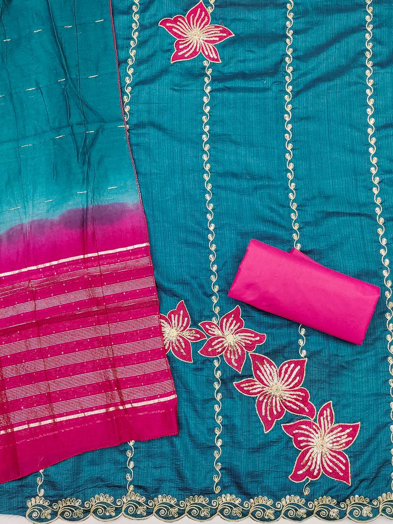 Blue coco silks top, hevy cotton bottom & jari sequins dupatta salwar suit dress material