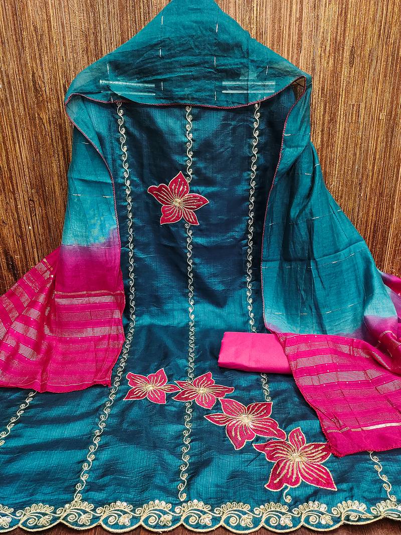 Blue coco silks top, hevy cotton bottom & jari sequins dupatta salwar suit dress material