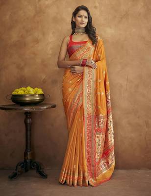 Orange silk blend saree with unstitched blouse piece 1