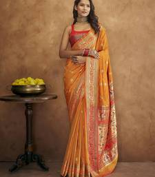 Orange silk blend saree with unstitched blouse piece