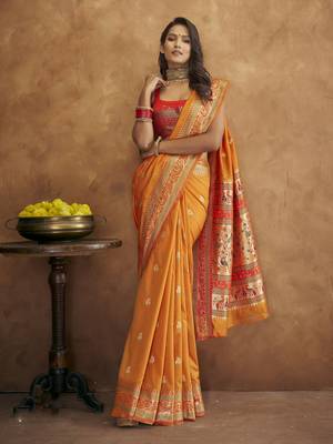 Orange silk blend saree with unstitched blouse piece 2