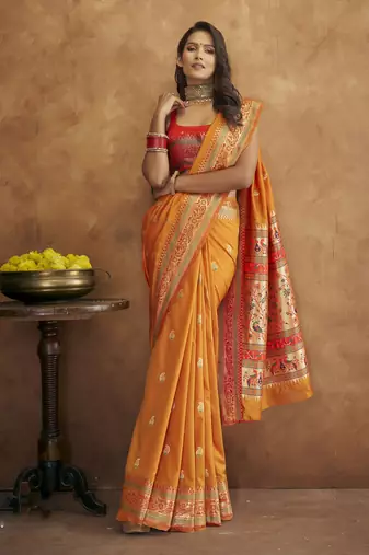 Orange silk blend saree with unstitched blouse piece