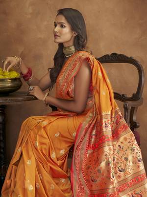 Orange silk blend saree with unstitched blouse piece 3