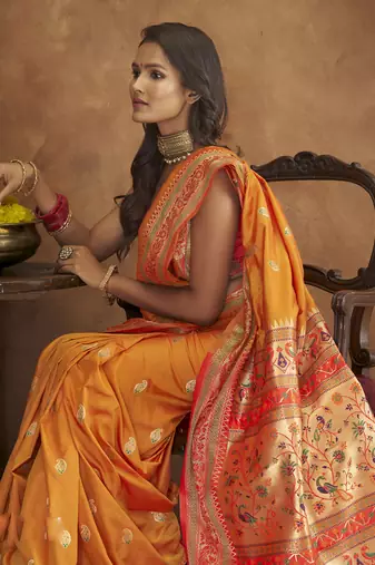 Orange silk blend saree with unstitched blouse piece