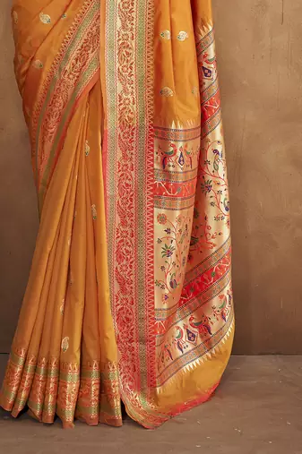 Orange silk blend saree with unstitched blouse piece
