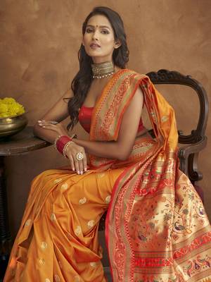 Orange silk blend saree with unstitched blouse piece 5