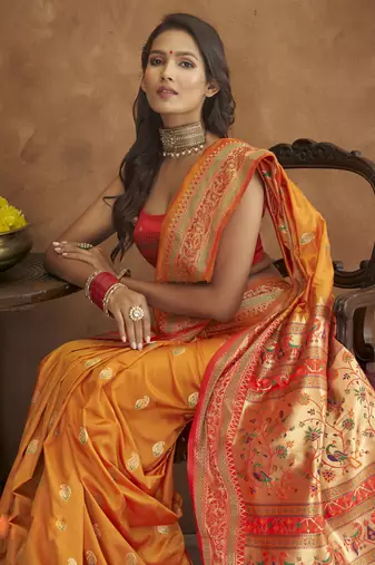 Orange silk blend saree with unstitched blouse piece