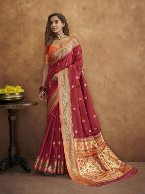 Maroon silk blend saree with unstitched blouse piece 1
