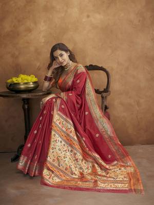 Maroon silk blend saree with unstitched blouse piece 2