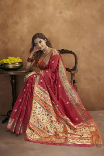Maroon silk blend saree with unstitched blouse piece