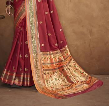 Maroon silk blend saree with unstitched blouse piece 4
