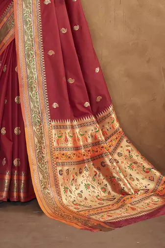 Maroon silk blend saree with unstitched blouse piece