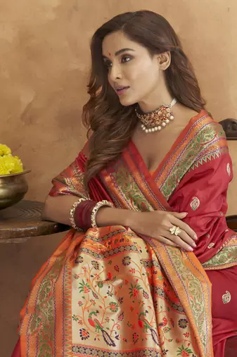Maroon silk blend saree with unstitched blouse piece