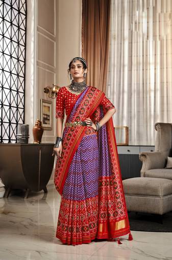 Purple patola silk blend saree with unstitched patola blouse piece