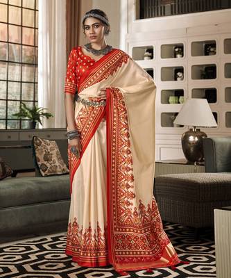 Beige patola silk blend saree with unstitched patola blouse piece 1
